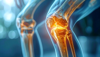 X-ray view highlighting a knee joint. Blue ethereal skin overlay. Orange indicates inflammation/pain