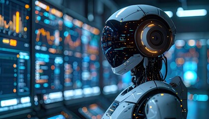 Sleek white robot with a glowing visor stands before screens displaying complex data in a high-tech room