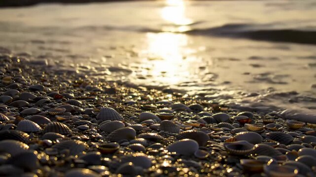 Beach strewn with seashells, soft sunlight on shallow waves