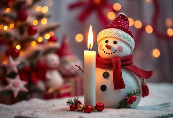 Fourth advent candle glowing warmly beside a cheerful snowman adorned with red decorations against a festive Christmas backdrop, holiday, wreath