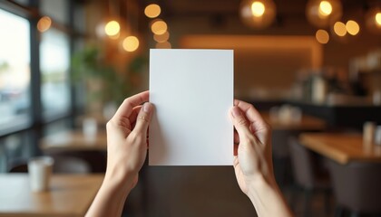 Human hands hold blank white card mockup in modern cafe. Empty paper display space for message, menu, advertisement. Blurred eatery interior background with warm lights, tables, window. Copy space