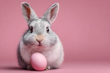 Easter bunny rabbit with pink painted egg on pink background. Easter holiday concept.