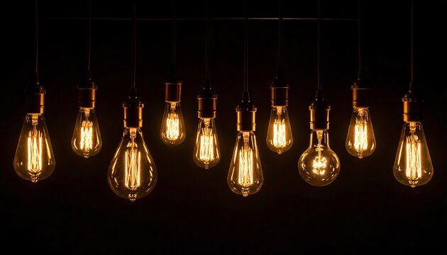 A row of Edison bulbs hanging from the ceiling, casting a warm glow in the darkness, creating a unique pattern