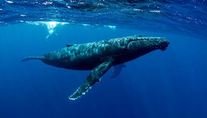 Humpback whale glides through blue ocean depths, sunlight shimmering through water. Majestic marine life