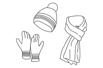 This is a vector line art image of winter equipment, suitable for use in children's coloring designs, printing, winter clothing, banners, distribution, advertising, content, gloves, headgear, scarves