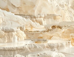 Terraced, white mineral pools; water reflects sunlight