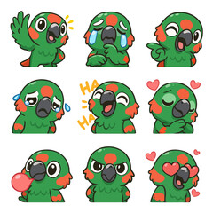 A set of cute anime parrots illustrations doing different activities with different expressions.Stickers or badges. 	Alexandrine Parakeet