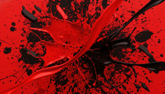 Dynamic abstract background of red and black paint splash and splatter. This liquid art on a textured surface shows intense, chaotic, and vibrant motion in a modern style