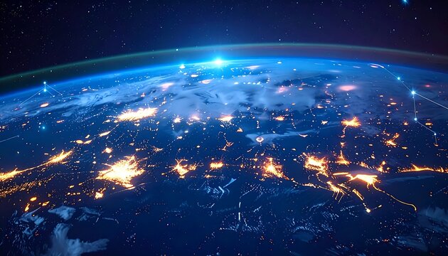 Earth from space showing illuminated cities, clouds and atmospheric glow against the darkness of space - Powered by Adobe