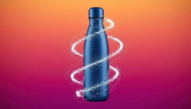 Reusable blue water bottle with a magical glitter swirl effect. This concept represents a cold, fresh, and pure drink for hydration, with a cool sparkle against a vibrant background.