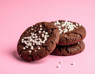 Stack of chocolate cookies with white sprinkles on pink