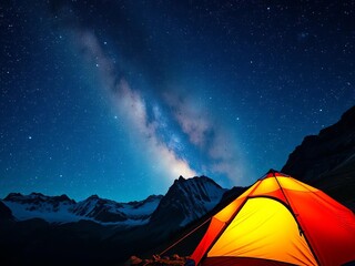 Majestic mountain tent under a vast, starry night sky ,  vast,  summit