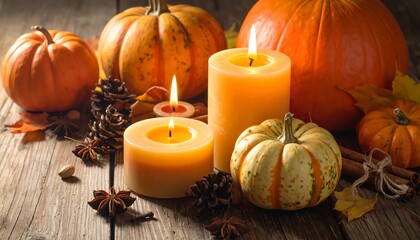 Autumn arrangement featuring pumpkins, burning candles, pine cones, cinnamon sticks, and fallen leaves on a wood surface