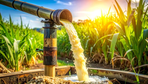 Pipe discharging liquid in a lush green field against a bright, sunny sky