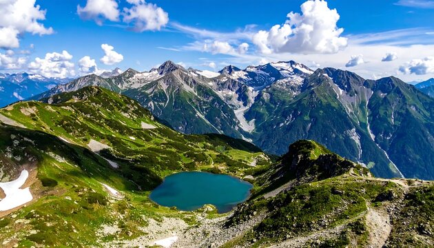 High alpine lake nestles in green slopes, jagged peaks with snow patches under a cloudy sky in a mountain range