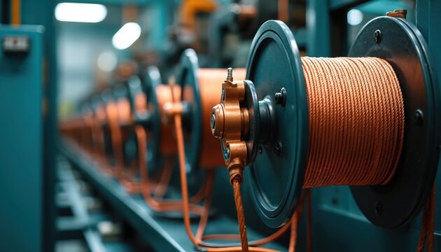 Close up of cable winding machine operating in modern industrial factory. Many rows of bright orange electrical wires neatly spool onto large dark metal reels. Automated equipment works on assembly
