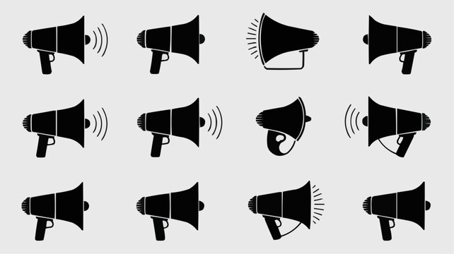Megaphone Icons: A collection of various megaphone icons, each a symbol of announcement, amplification, and communication, rendered with simplicity and clarity against a consistent backdrop.