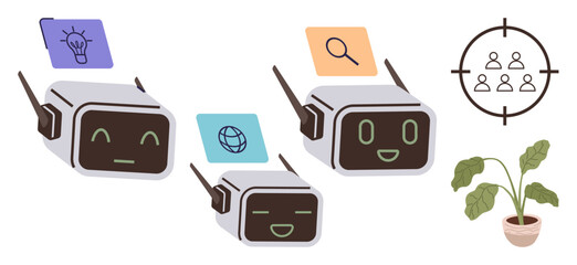 Chatbots with varied expressions alongside icons for innovation, search, and connectivity. Circular group focus target and potted plant enhance conceptual balance. Ideal for AI, teamwork, service