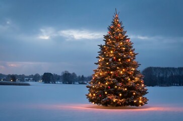 Festive christmas tree lights illuminate a serene snowy field