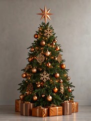 Festive christmas tree adorned with shimmering bronze decorations.