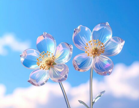 Crystal flowers glow against a serene, cloud-dotted sky