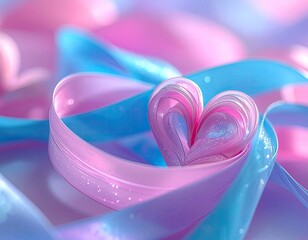 Ribbon heart surrounded by pastel blue and pink ribbons