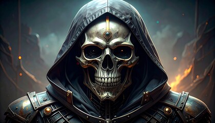 Grim reaper-esque skull in a dark hooded cloak, detailed armor, set against a fire-tinged background