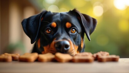 Rottweiler dog eagerly watches treats on table. Pup big brown eyes, black, tan fur. Canine waits patiently for tasty food outdoors. Pet shows longing, anticipation for snack. Dog hungry, wants