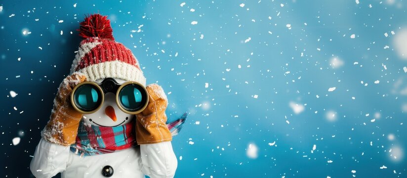 A snowman wearing a red knitted hat and scarf holds binoculars. Snowflakes fall against a blue background, creating a winter scene.