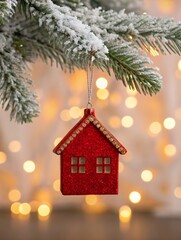 Festive red house ornament on snowy pine branch with bokeh lights