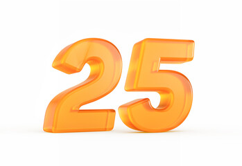 Polished orange number 25 with glowing highlights and a reflective sheen. 3D illustration.