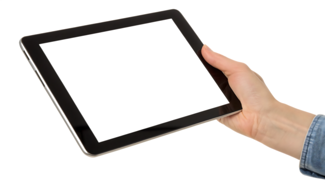 Hand holding a tablet device with a blank screen cut out on PNG. AI generated.
