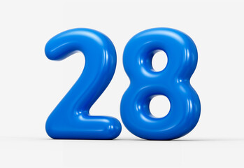 Smooth blue 3D number 28 featuring rounded curves and polished texture. 3d illustration