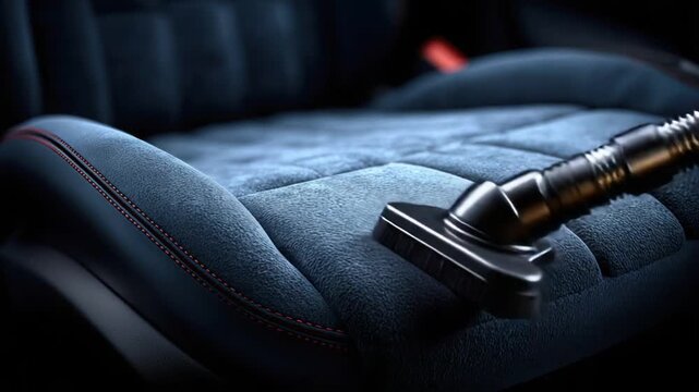 Close-up of car seat being vacuumed, showing dark upholstery with red stitching