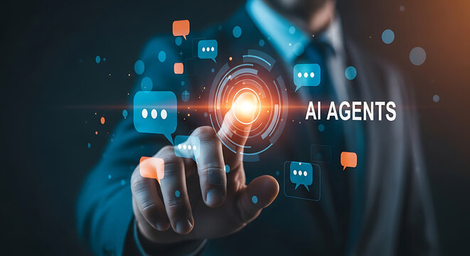 Man touches virtual interface with ai agents and speech bubble icons, representing artificial intelligence and digital communication.