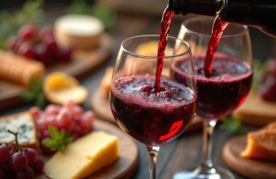 Red wine poured into crystal glass next to cheese board with grapes and bread. Party, celebration, gourmet food, fine dining occasion. Relaxing evening meal sharing with friends.