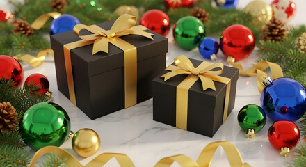 Christmas gift boxes with ribbons and festive decorations on a holiday background
