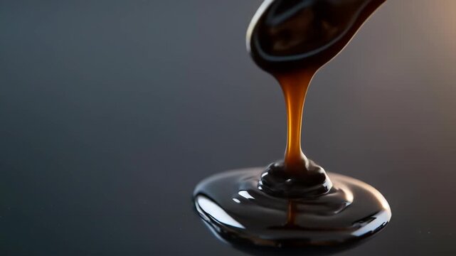 Dark viscous liquid dripping from scoop into pool on reflective surface