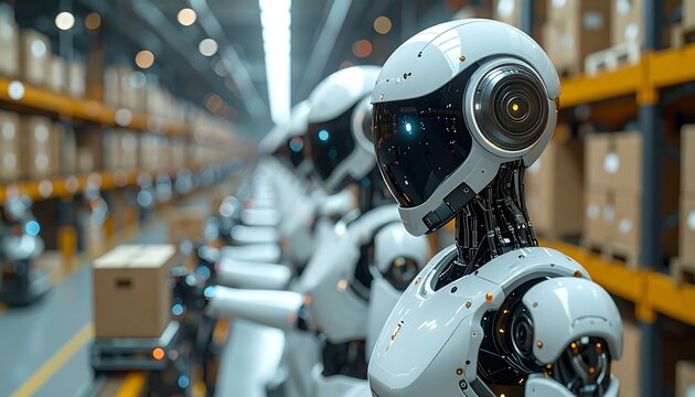 Robots standing in a warehouse, handling boxes, automation and technology, storage racks visible