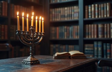 Ornate menorah with lit candles stands on dark wooden table. Luxurious library setting features bookshelves filled with antique books. Old book lies open nearby. Scene suggests Jewish tradition,