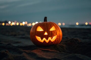 Jack-o'-lantern glowing on sandy beach with city lights at night