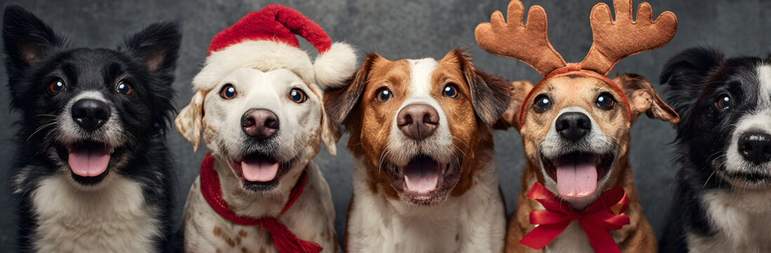 Banner five dogs celebrating christmas holidays wearing a red santa claus hat, reindeer antlers and red present ribbon. Isolated on gray background - Powered by Adobe