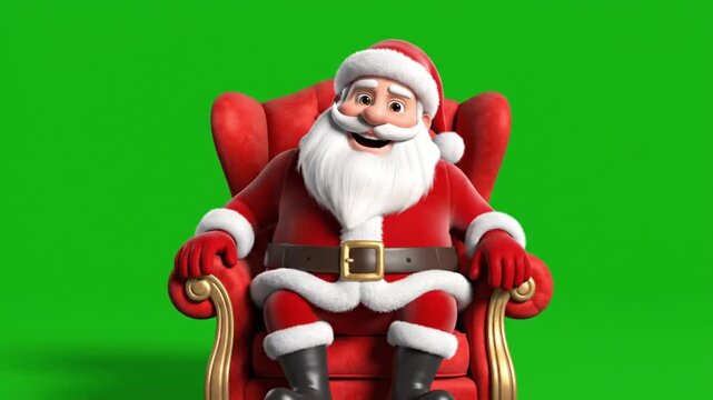 jolly cartoon santa claus sitting red armchair green screen