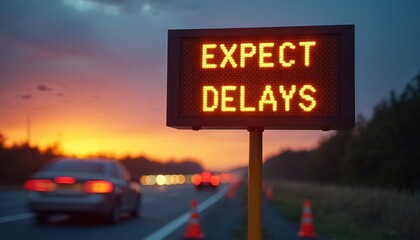 Electronic traffic warning sign shows EXPECT DELAYS message on highway at sunset. Blurred cars pass by road cones on road side. Road work congestion causes traffic hold up for drivers. People face