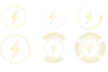 Futuristic yellow glowing wireless charging icons pack featuring power bolt shapes, induction waves, and bright neon rings for smartphone UI components, energy status panels, and tech vector graphics
