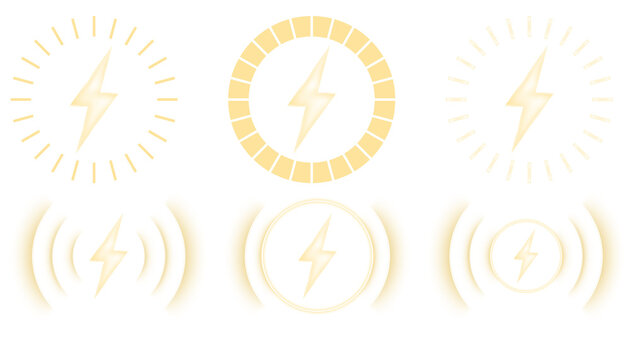 Neon yellow wireless charger logo set with luminous wave patterns, electric bolt motifs, and circular glow frames designed for mobile charging interfaces, battery indicators, and futuristic tech visua