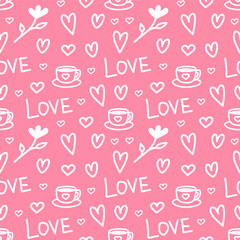 Romantic seamless vector pattern with hearts, cup of coffee and lettering on a soft  pink background