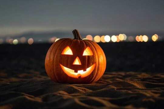 Smiling jack-o'-lantern glowing brightly on sand at twilight
