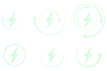 Neon energy wireless charging icons collection with glowing circular frames, bright lightning bolt signs, and modern inductive technology indicators for smartphone UI, tech dashboards, and power trans