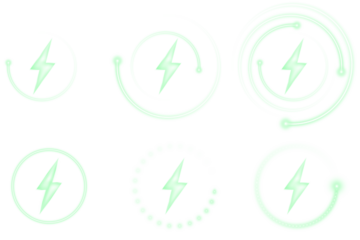 Neon energy wireless charging icons collection with glowing circular frames, bright lightning bolt signs, and modern inductive technology indicators for smartphone UI, tech dashboards, and power trans